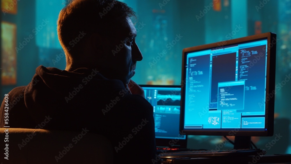 Computer Hacker in Hoodie. Obscured Dark Face. Concept of Hacker Attack, Virus Infected Software, Dark Web and Cyber Security. Computer Hacker in Hoodie. Obscured Dark Face. Concept of Hacker Attack, Virus Infected Software, Dark Web and Cyber Security.