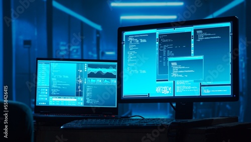 Computer screen over server room background. Concept of Hacker Attack, Virus Infected Software, Dark Web and Cyber Security.
