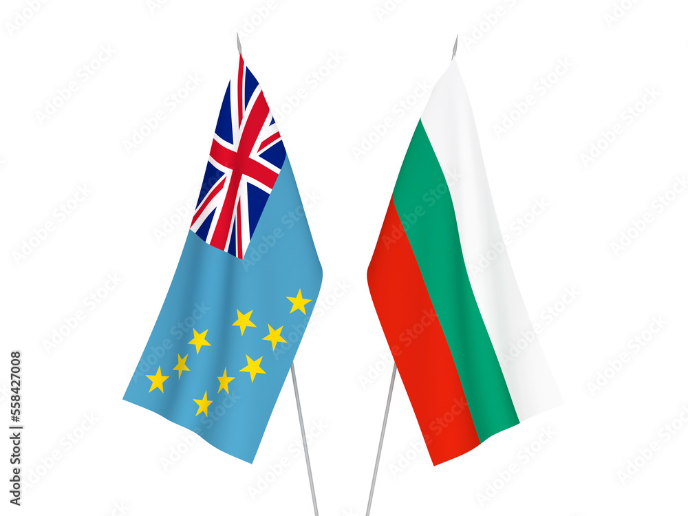 National fabric flags of Bulgaria and Tuvalu isolated on white background. 3d rendering illustration.
