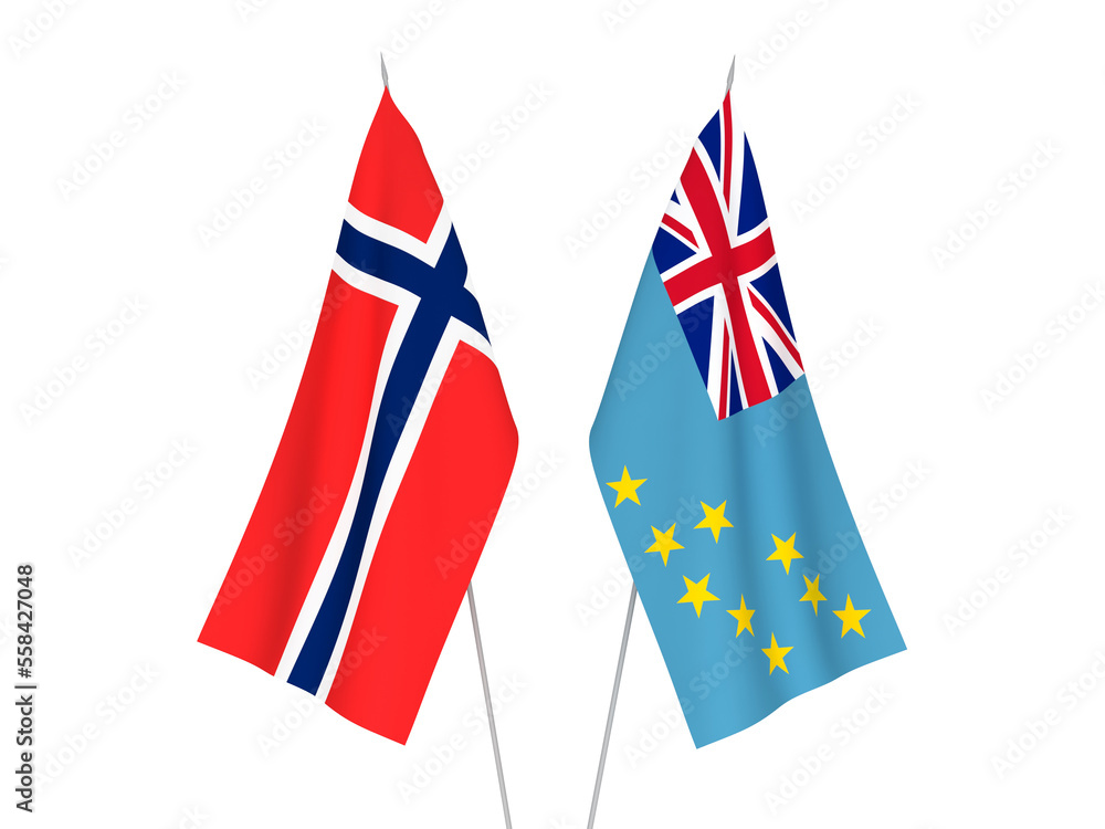 National fabric flags of Norway and Tuvalu isolated on white background. 3d rendering illustration.
