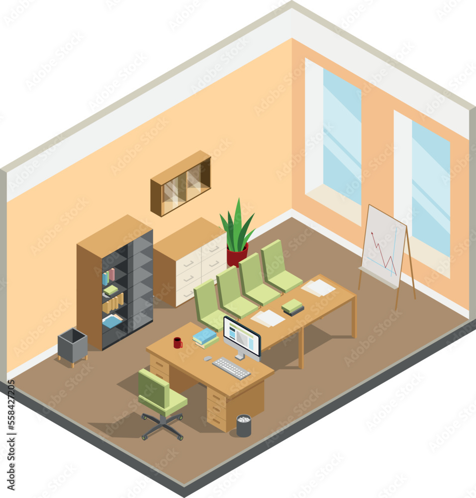 Conference room interior. Isometric business office furniture