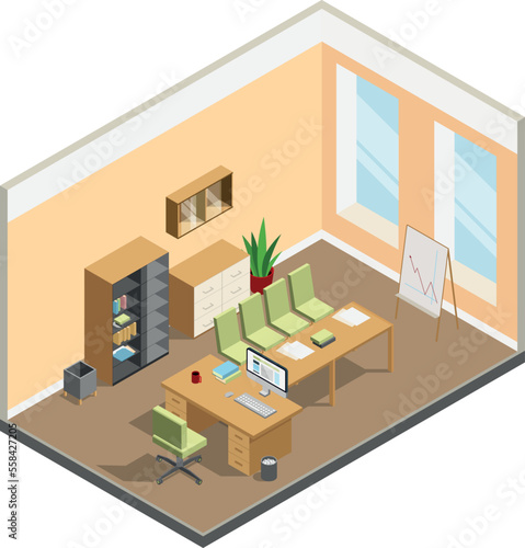 Conference room interior. Isometric business office furniture © ONYXprj