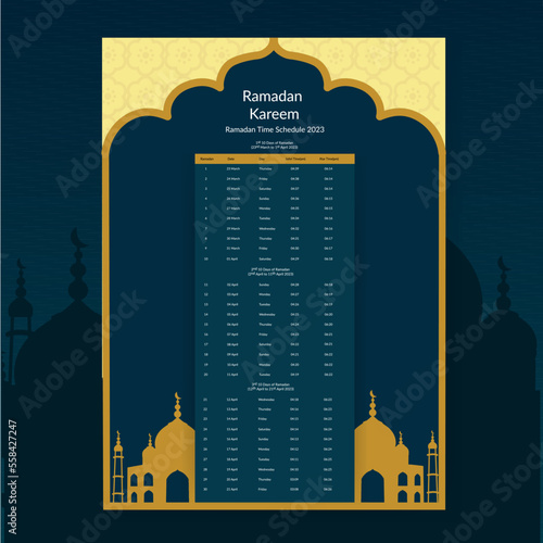 Ramadan Calendar Design 2023. Calendar Mockup template, Islamic Calendar dua and time table schedule print ready vector illustration.