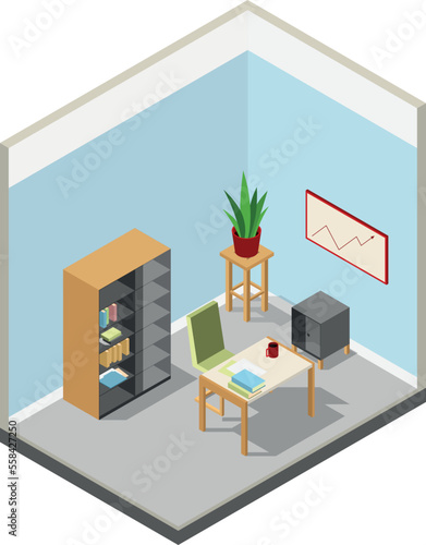 Isometric workplace interior. Office room with business furniture