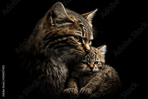 Mother cat with her kitten, motherhood concept. Female cat with small cute kitten on black background. Love and parenthood concept. Generative AI adorable cats background.