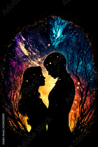 Couple kissing silhouette on a starry sky background. Couple eternal love concept. Passion, love and romance background or design element. Generative AI Valentine's Day or wedding background.