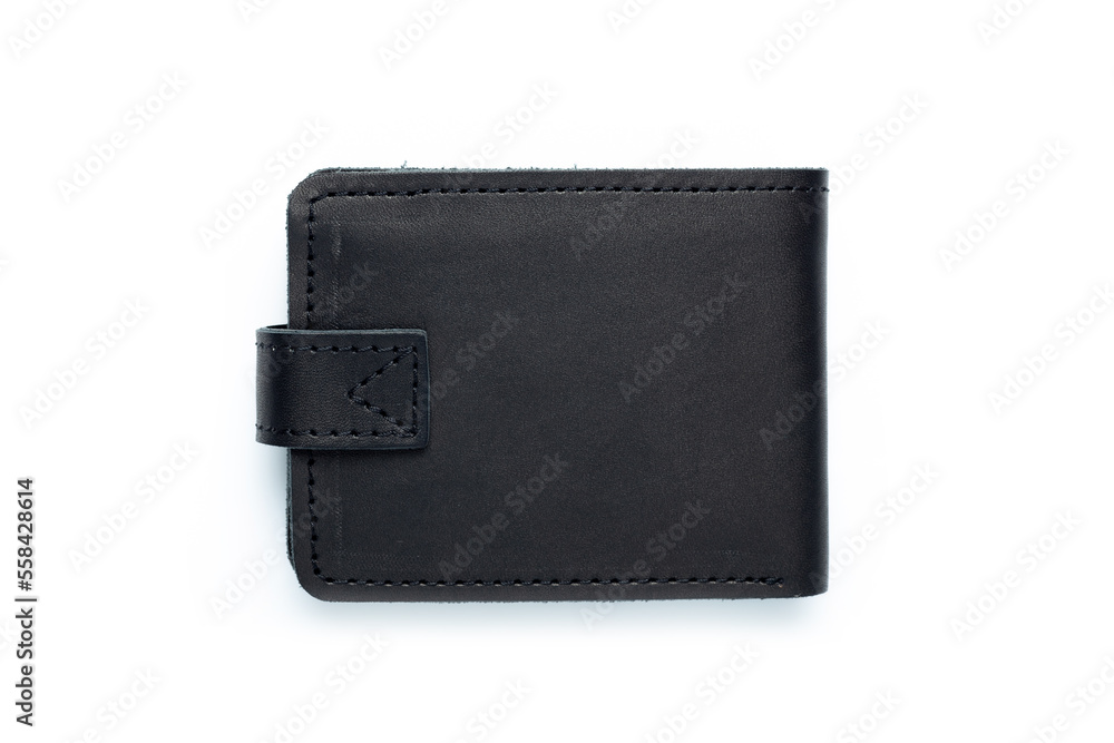 Black leather wallet on a button on a white background. Top view. Black leather wallet on a button on a white background. Top view.
