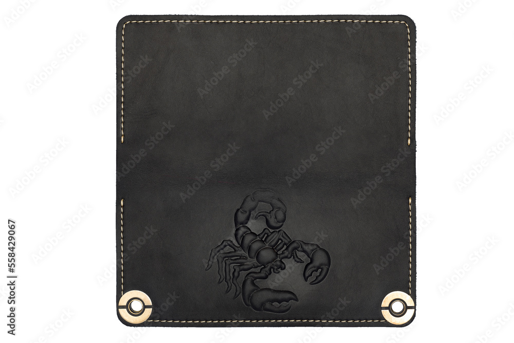 Big black leather wallet on a button on a white background, scorpion print. Top view