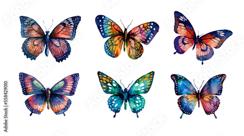 Colorful watercolor butterflies set