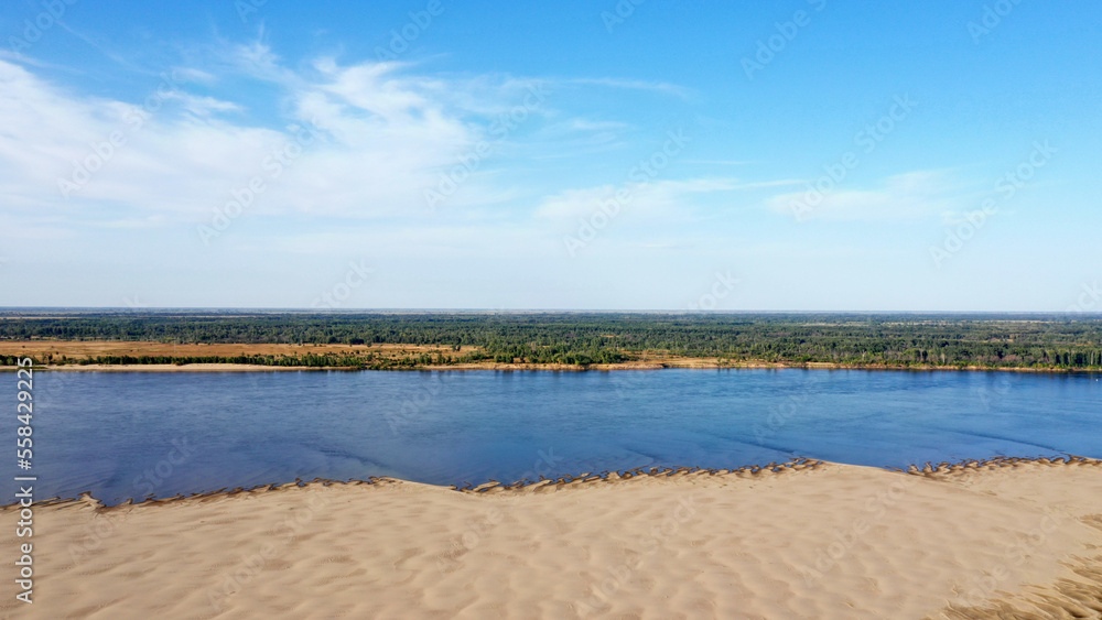 beautiful wild bank of the volga river astrakhan region from drone