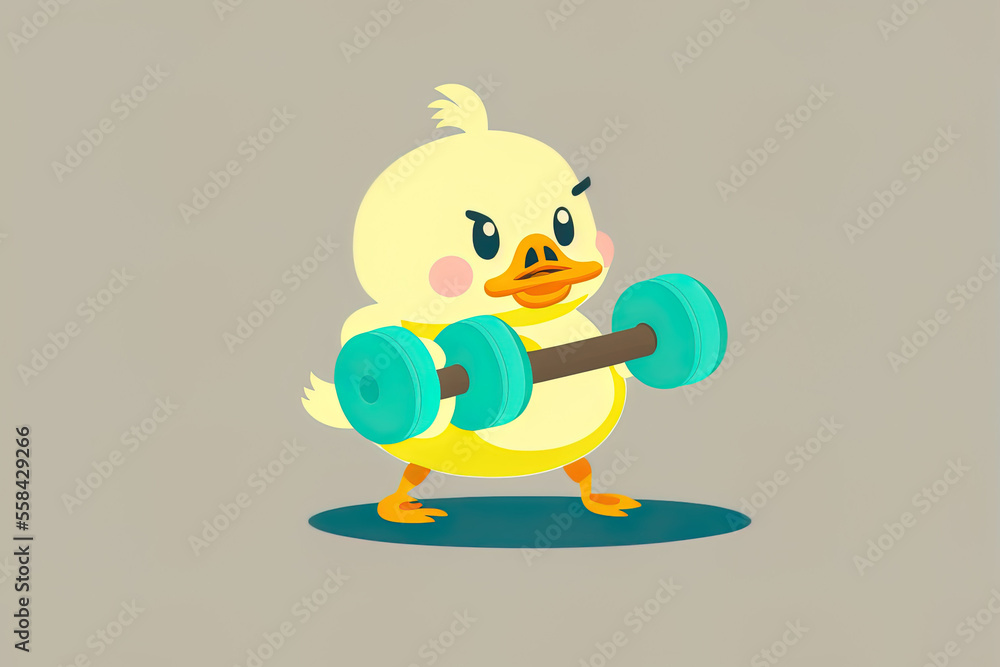 Obraz premium cute cartoon duck doing dumbbell exercises. Generative AI