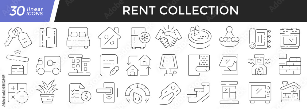 Rent linear icons set. Collection of 30 icons in black