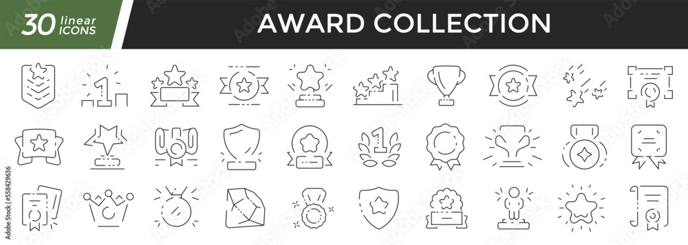 Award linear icons set. Collection of 30 icons in black