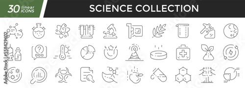 Science linear icons set. Collection of 30 icons in black