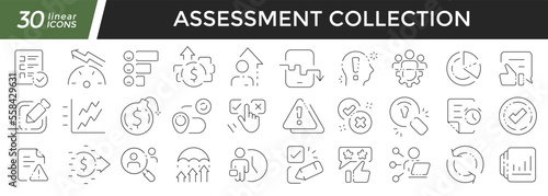Assessment linear icons set. Collection of 30 icons in black