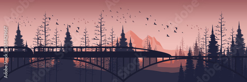 train silhouette with mountain forest landscape flat design vector illustration good for good for web banner, ads banner, tourism banner, wallpaper, background template, and adventure design backdrop