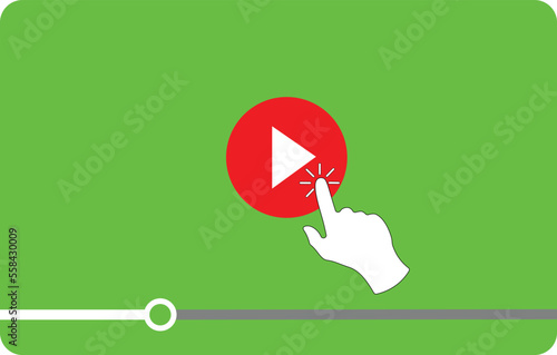 Multimedia video player shape with a hand cursor pressing a play button, isolated over green chroma key background. Broadcasting pictogram vector illustration