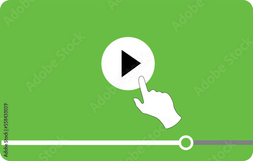 Multimedia video player shape with a hand cursor pressing a play button, isolated over green chroma key background. Broadcasting pictogram vector illustration