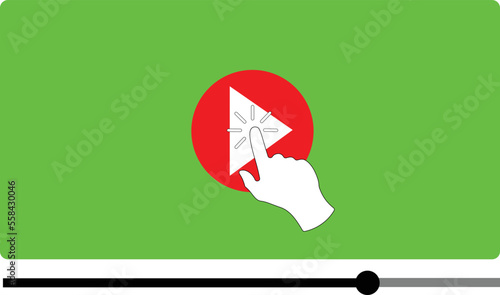 Multimedia video player shape with a hand cursor pressing a play button, isolated over green chroma key background. Broadcasting pictogram vector illustration