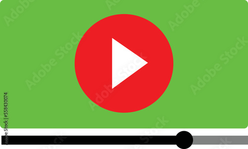 Multimedia video player shape with a hand cursor pressing a play button, isolated over green chroma key background. Broadcasting pictogram vector illustration
