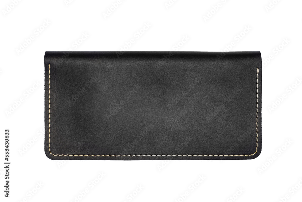 Big black leather wallet on a button on a white background. Top view Big black leather wallet on a button on a white background. Top view