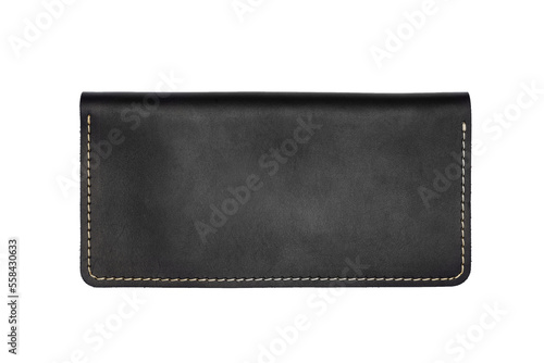 Big black leather wallet on a button on a white background. Top view