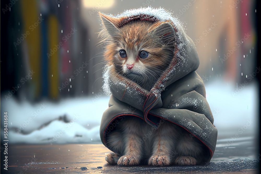 Cute homeless cat gets wet in the rain outside. AI generated Stock