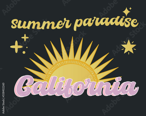 Vintage dripping melting california summer paradise slogan print with sun and stars for graphic tee t shirt - Vector
