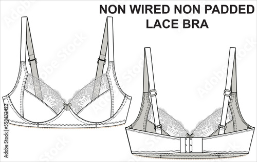 TECHNICAL SKETCH OF NON WIRED NON PADDED LACE TRIM BRA IN EDITABLE FILE