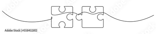 Two connected puzzles line art. Jigsaw pieces continuous one line drawing. Vector isolated on white.