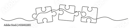 Three connected puzzles line art. Jigsaw pieces continuous one line drawing. Vector isolated on white.