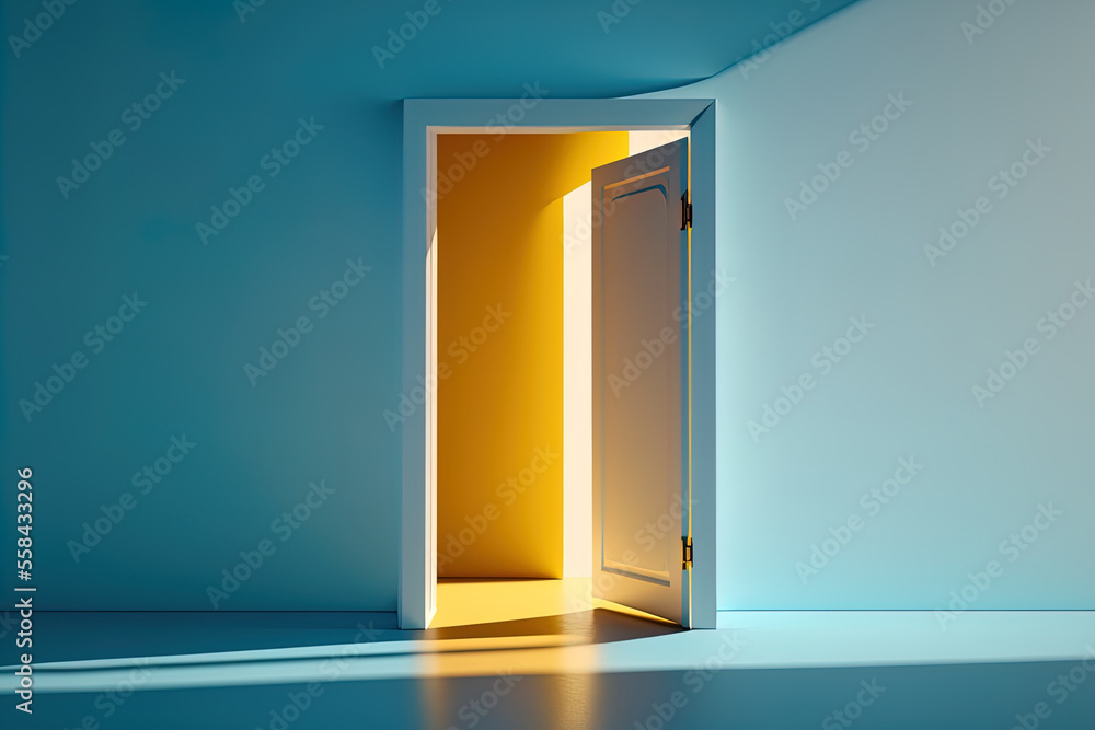 Naklejka premium solitary golden light from inside an open door on a blue background. A component of room interior design. modern minimalist design. Possibility metaphor. Generative AI