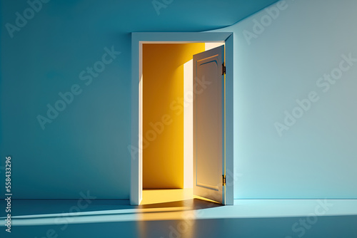solitary golden light from inside an open door on a blue background. A component of room interior design. modern minimalist design. Possibility metaphor. Generative AI