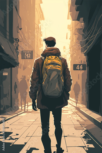 Man walking in the city. Generative Ai.