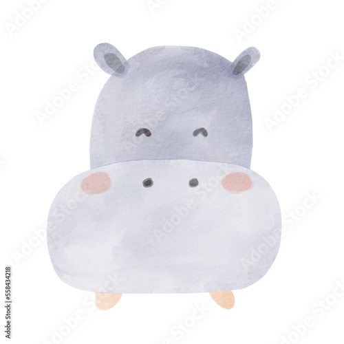 Cute cartoon african safari hippo watercolor. Watercolor animal face. Hand painted illustration isolated on white background.