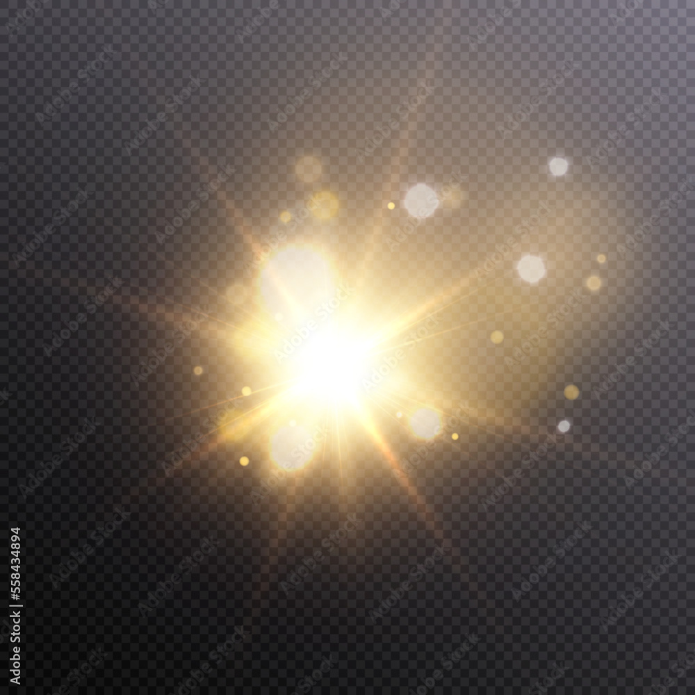 The effect of bright sunlight. Twinkling gold star on a transparent background.Bright light effect.