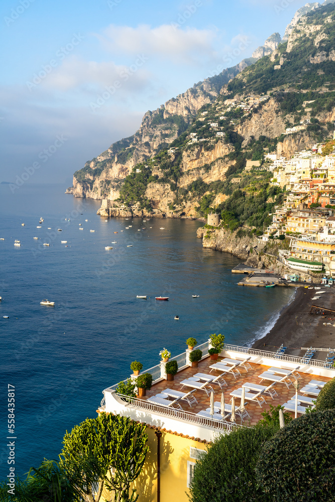 Empty sun bathing balcony with a view of Amalfi coast