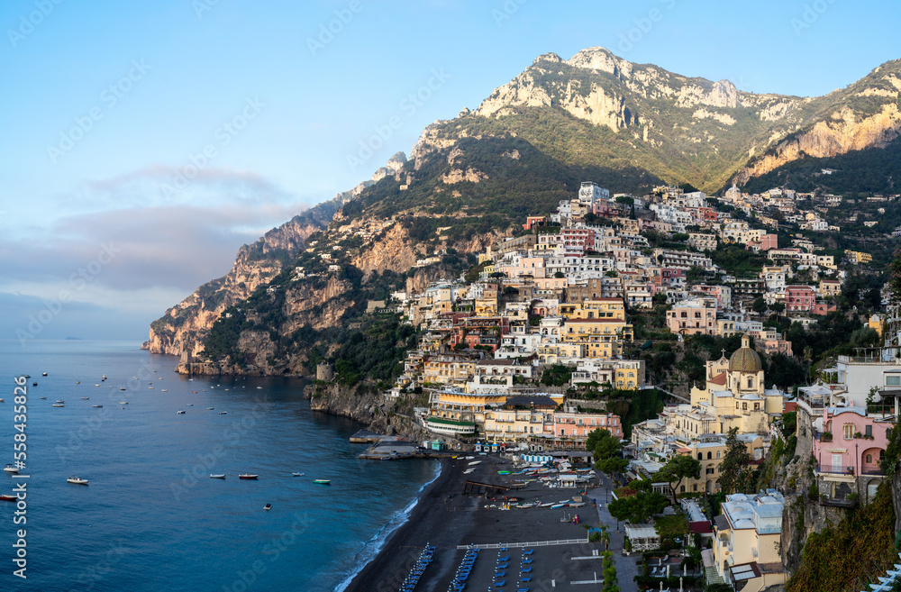 Early morning panorama of Positano with empty beach