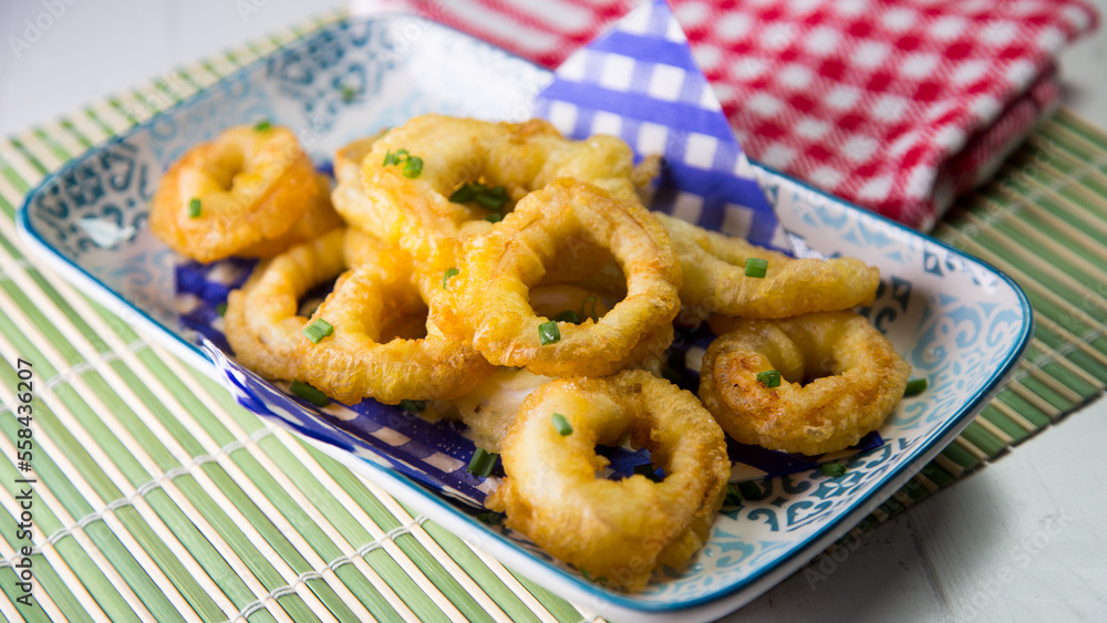 Roman squid rings. Battered squid, traditional Spanish tapa recipe. Roman squid rings. Battered squid, traditional Spanish tapa recipe.