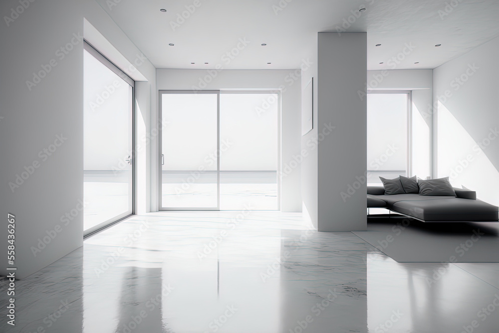 A contemporary beach house or apartment with an empty white wall and a concrete floor. Illustration of a sunny living room in a house with a sea view in the distance. Generative AI