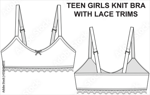 TECHNICAL SKETCH OF TEENS KNIT NON WIRED NON PADDED LACE TRIM BRA IN EDITABLE FILE