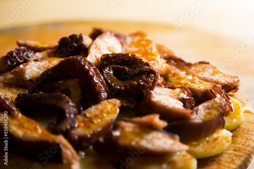 Pulpo a la Gallega. Octopus cooked with boiled potato, paprika and olive oil. Galician octopus recipe north of Spain tapa.