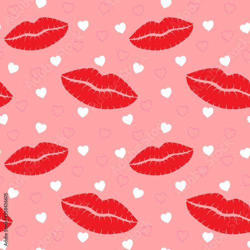 Seamless background pink lips kisses prints and hearts. Valentine's Day Background. Holiday design for fabric, wrapping paper, greeting cards
