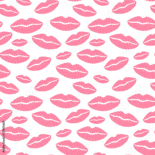 Seamless background pink lips kisses prints. Valentine's Day Background. Holiday design for fabric, wrapping paper, greeting cards