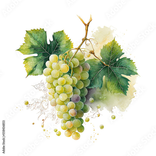  White grape isolated on white background. Watercolor, hand drawn. Ai generative illustration