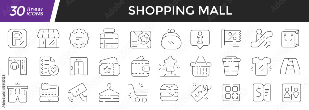 Shopping mall linear icons set. Collection of 30 icons in black