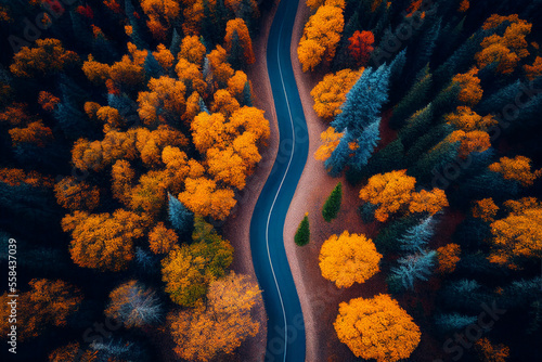 Aerial view of road in an autumn forest. Top view from drone. Ai generative illustration
