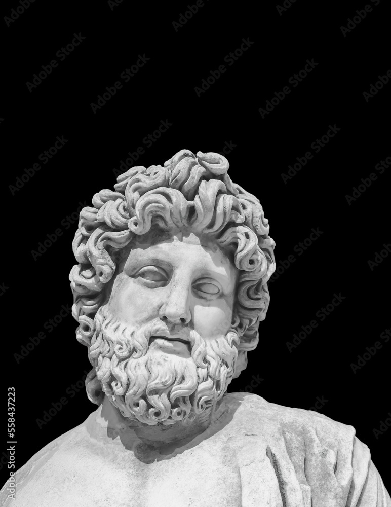 Marble statue of Asclepius, the god of medicine. Roman statue, II century AD. Isolated, monochrom, black background. Copy space, close up. Healthcare or history and art concept