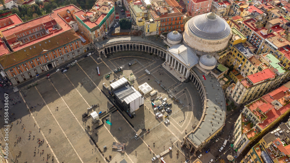 Aerial view of Piazza del Plebiscito, a large public square in the historic center of Naples, Italy. It's bounded by San Francesco di Paola' s church and its hallmark twin colonnades.