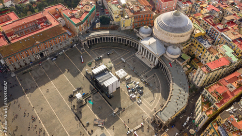 Aerial view of Piazza del Plebiscito, a large public square in the historic center of Naples, Italy. It's bounded by San Francesco di Paola' s church and its hallmark twin colonnades.
